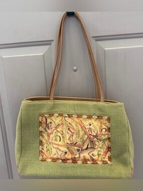 Bruno Green Woven Tote Bag with Monkey Panel
